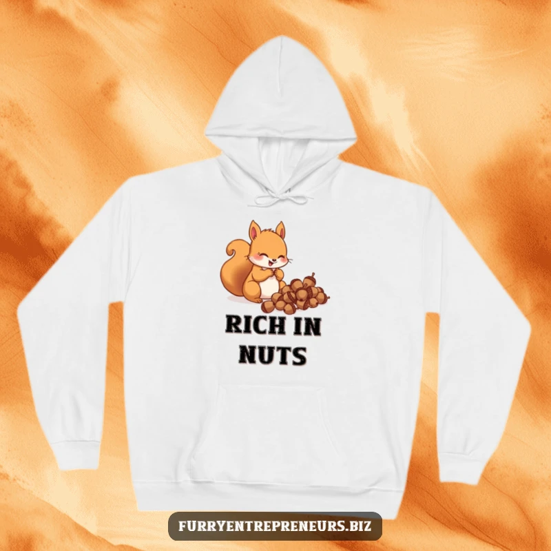 Funny squirrel character gleefully counting acorns on a hoodie, offering cozy comfort and hoarding-themed humor.