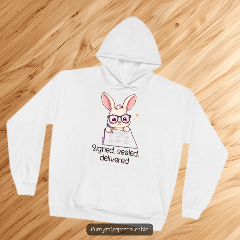 Funny rabbit hoodie, wearing reading glasses, signing a stack of important documents with focus.