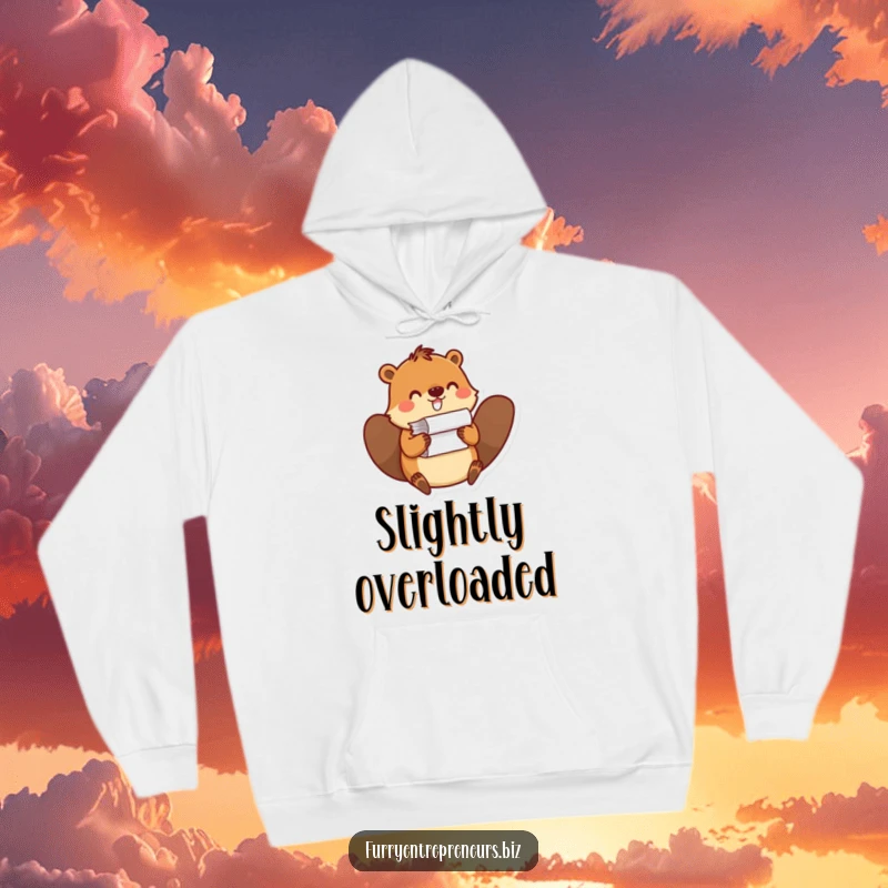 Funny hoodie featuring a beaver balancing a stack of papers, perfect for staying warm while embracing the humor of office life.