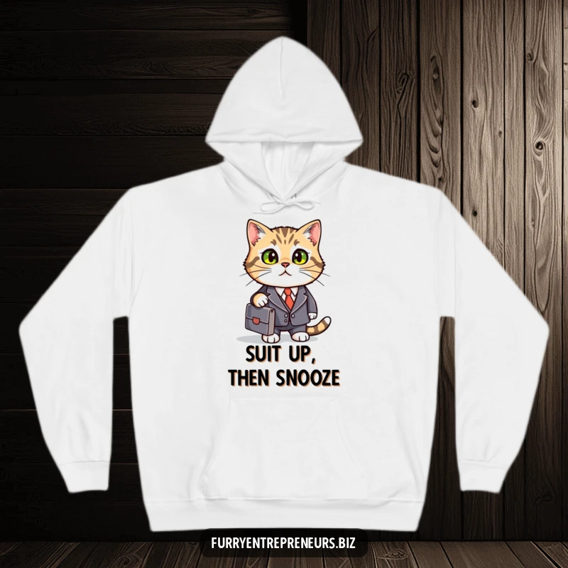 Funny cat in a tiny business suit and briefcase, offering cozy comfort and professional humor.