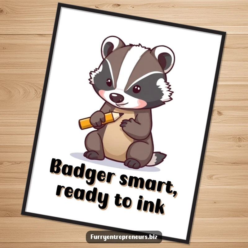Funny Free Printable Wall Art: Determined badger character sharpening a tiny pencil, symbolizing focus and preparation, downloadable.