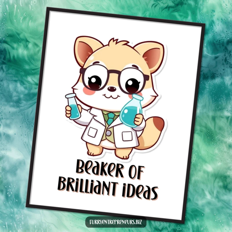 Funny Free Printable Wall Art: Playful animal in a lab coat holding a tiny beaker, looking intelligent and amused.