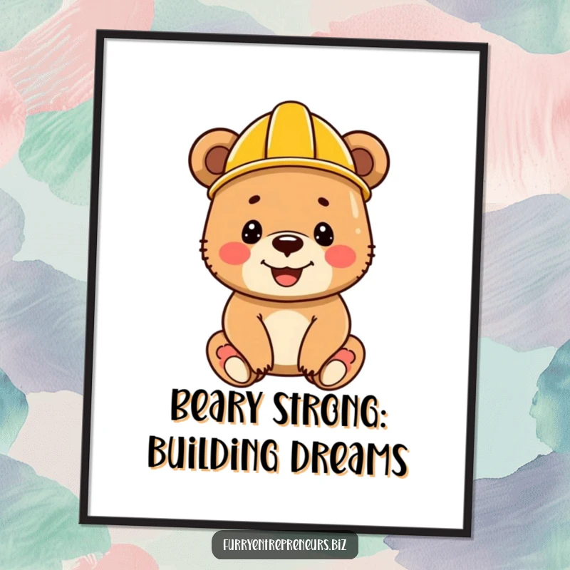 Funny free printable wall art: A happy bear cub wearing a tiny construction helmet beams with pride, holding a small tool.