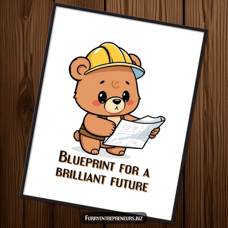 Funny Free Printable Wall Art: A bear wearing a hard hat meticulously inspects a complex construction blueprint.
