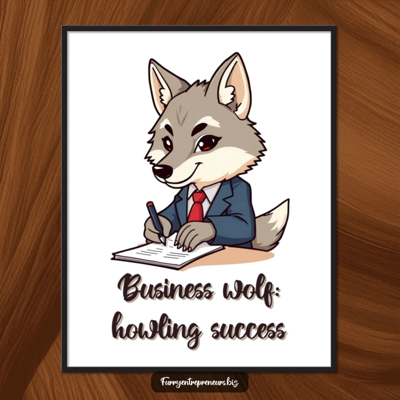 Funny free printable wall art: A determined wolf in a tiny business suit sits at a desk, signing important documents with authority.