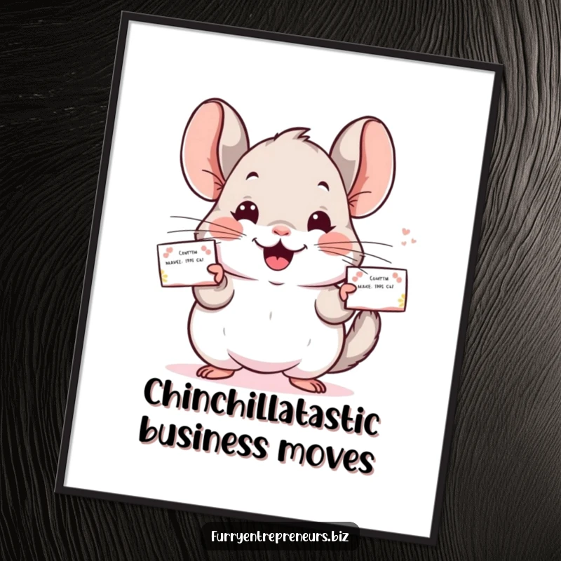 Funny Free Printable Wall Art of a chinchilla character actively distributing its business cards with a smile.