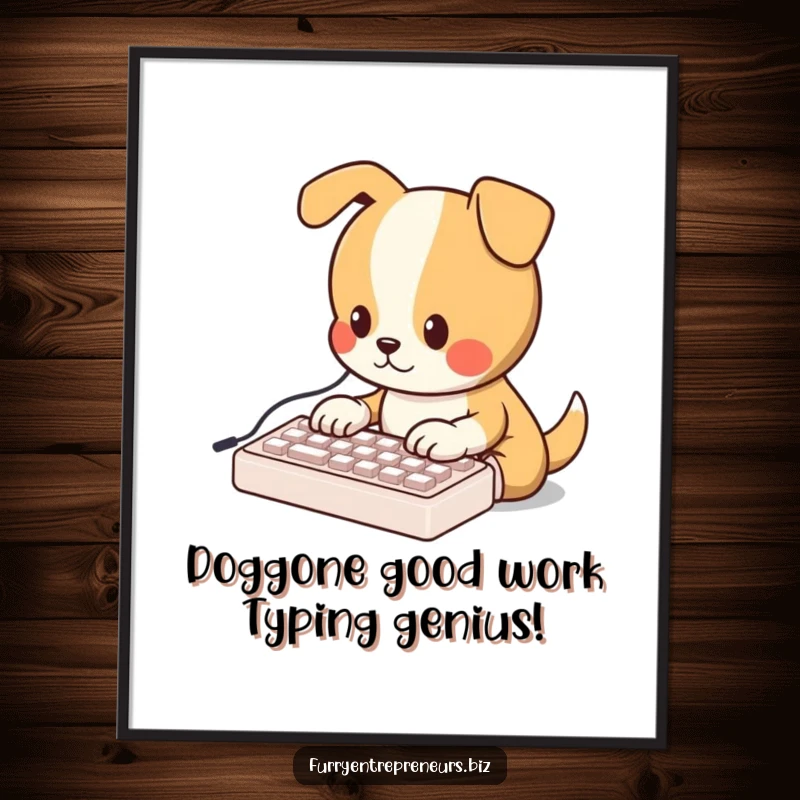 Funny Free Printable wall art, a dog types diligently on a miniature keyboard, ideal for DIY tech decor.
