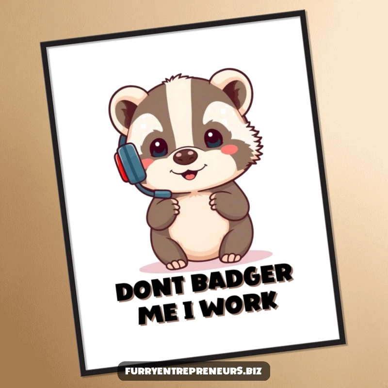 Funny free printable wall art featuring a concentrated badger wearing a tiny headset, giving a presentation with comedic seriousness.