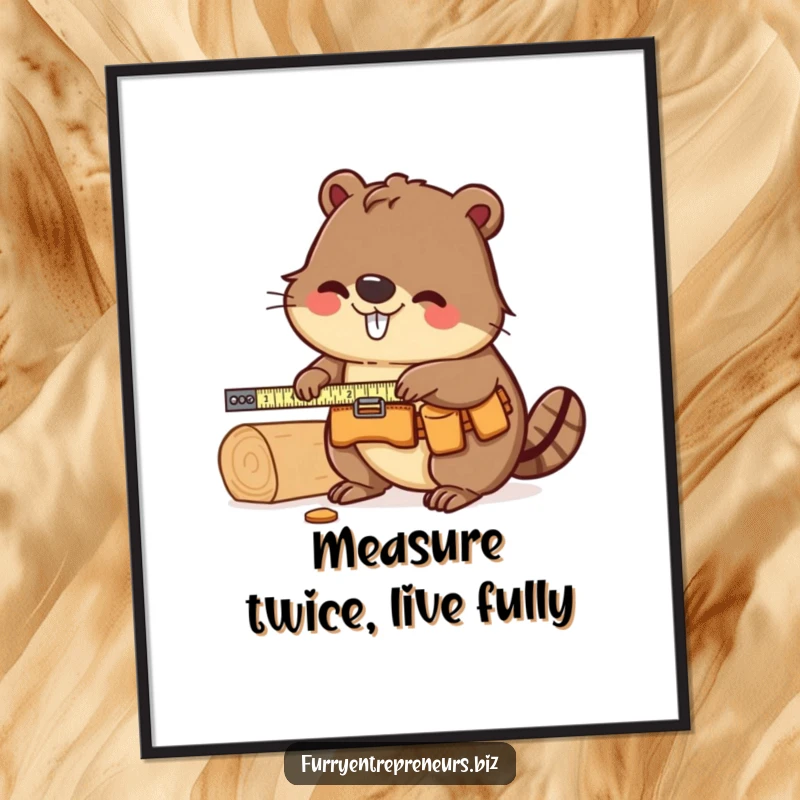 Funny Free Printable Beaver Carpenter Printable Wall Art, a beaver with a tool belt accurately measuring a piece of wood with a focused expression.