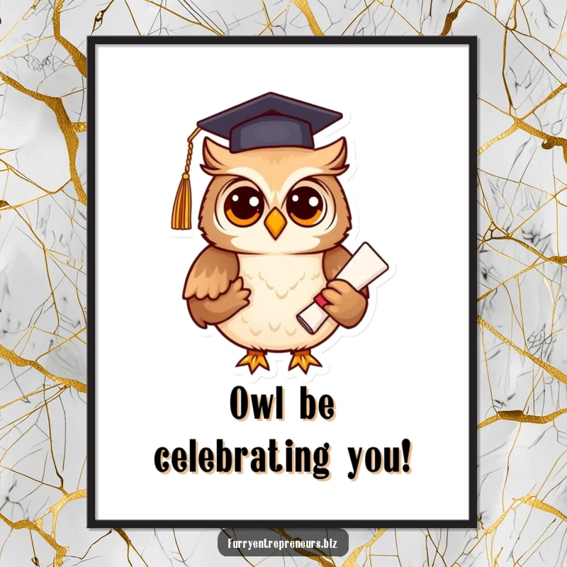 Funny Free Printable Wall Art: A scholarly owl wearing a graduation cap and holding a diploma, perfect for decor.