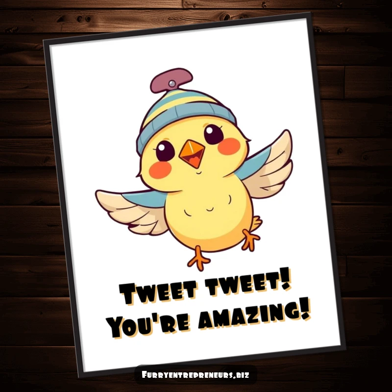 Funny Free Printable Wall Art: A bird wearing a propeller beanie flies energetically, adding a whimsical touch.