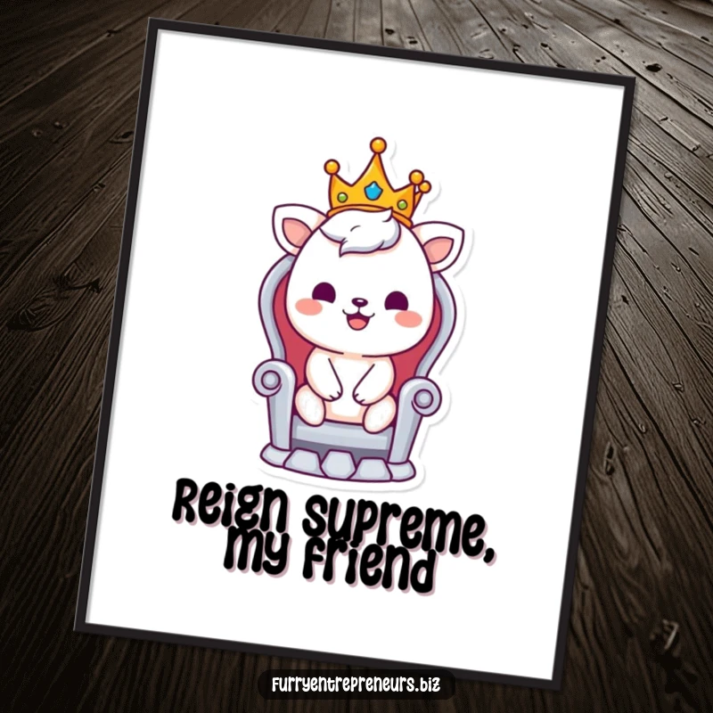 Funny Free Printable Wall Art: A smiling animal character wearing a tiny crown, sitting proudly on a tiny throne.