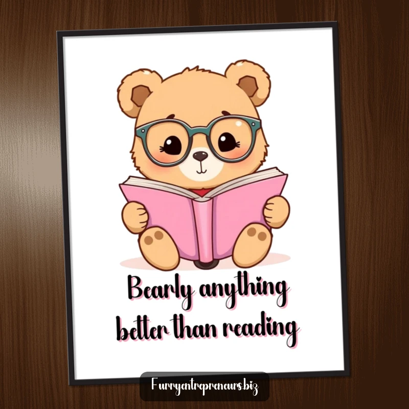 Funny free printable wall art: A bear wearing tiny glasses, absorbed in reading a massive book, adding intellectual humor to walls.