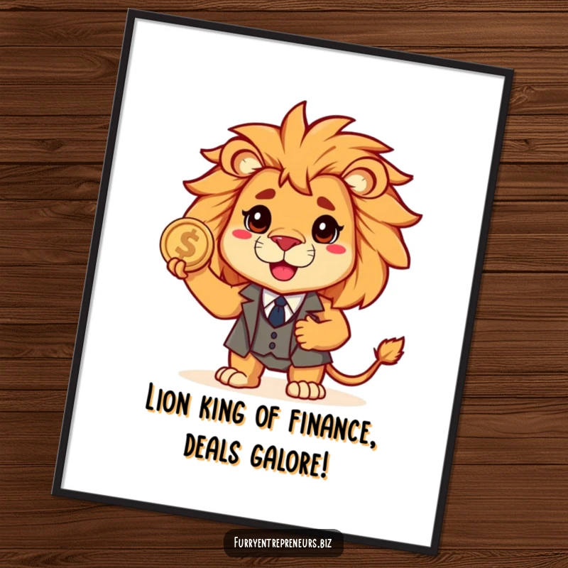 Funny Free Printable Wall Art: A brave lion wearing a tiny suit and holding a coin, exuding confidence and humor.