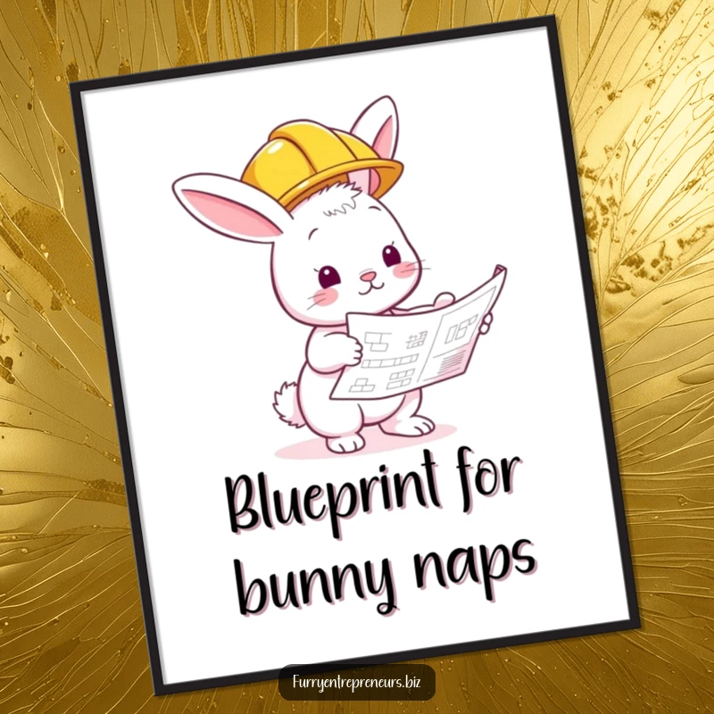 Funny Free Printable Wall Art: A bunny wearing a yellow hard hat examining a large building blueprint with keen interest.