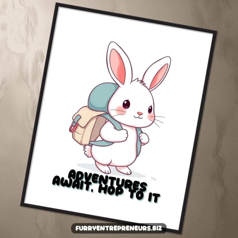 Funny Free Printable Wall Art of a curious rabbit with a backpack, exploring new worlds, adding a playful touch.