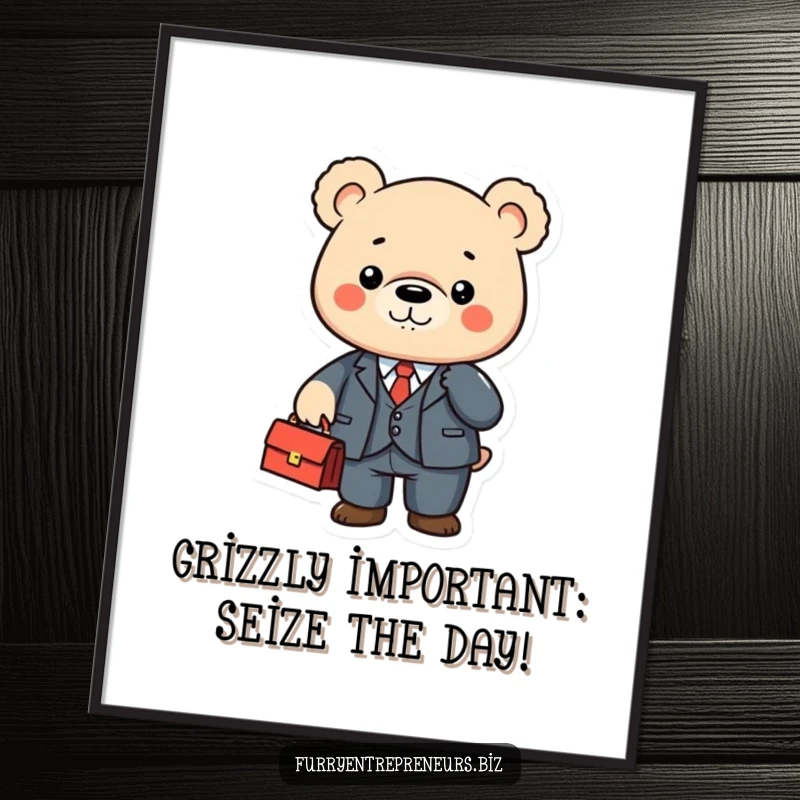 Funny free printable wall art of a cute bear wearing a tiny suit, briskly shaking a briefcase, suitable for stylish decor.
