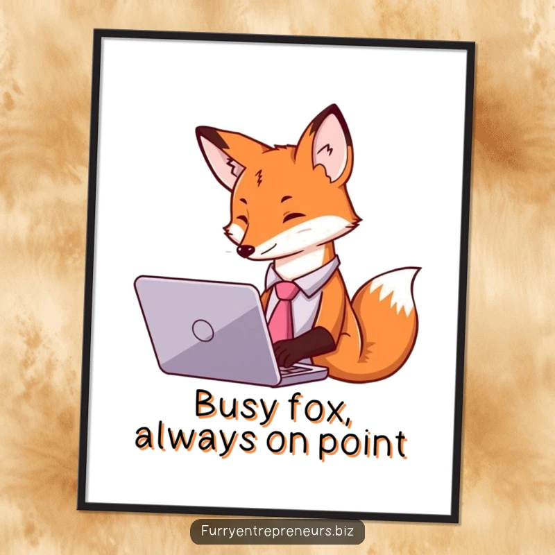 Funny free printable wall art: A fox wearing a tie types on a laptop with intense focus, ideal for an office.
