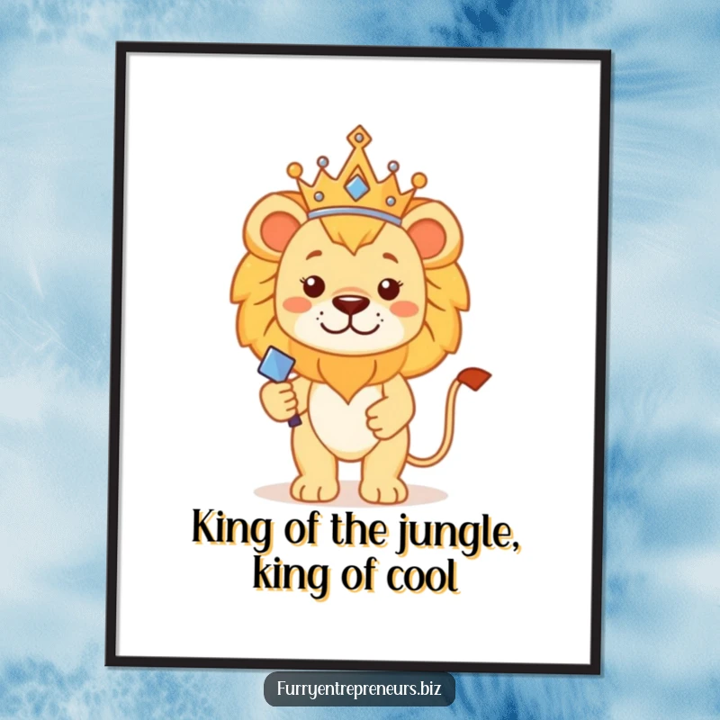 Funny Free Printable Wall Art: Proud lion wearing a tiny crown and holding a scepter, exuding regal humor.
