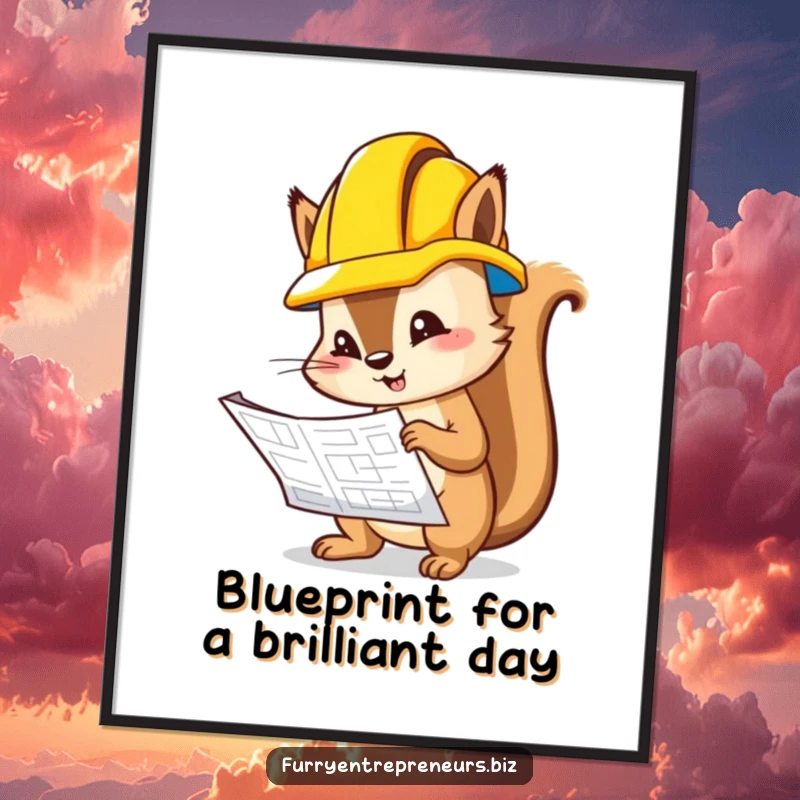 Funny Free Printable Wall Art: Curious squirrel engineer in hard hat intensely studies a blueprint, adding quirky charm.