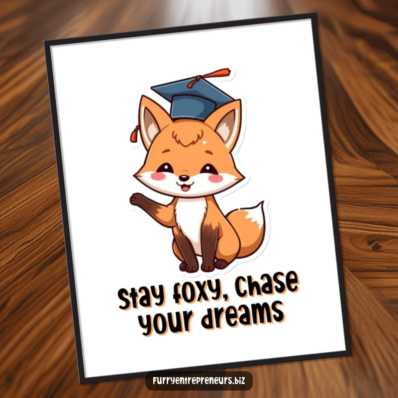Funny Free Printable Wall Art of a cheerful fox in a tiny graduation cap, tossing it upwards in a celebratory gesture.