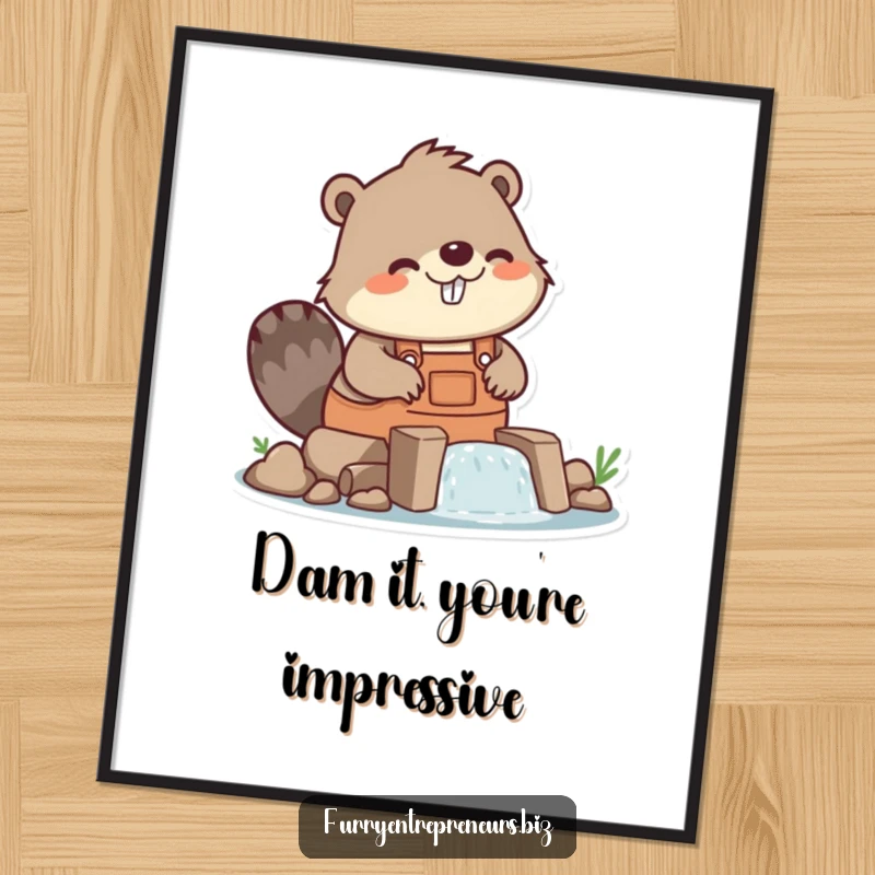Funny Free Printable Wall Art of an energetic beaver wearing overalls, building a tiny dam with focus.