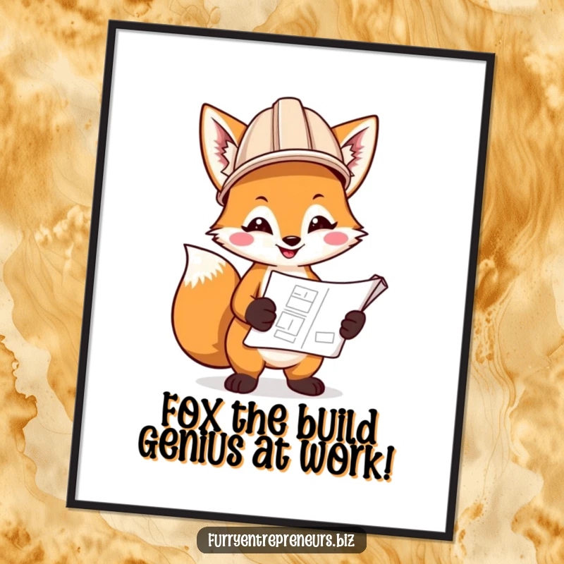 Funny Free Printable wall art, a smiling fox in a hard hat holds a blueprint, ready for DIY home decor.