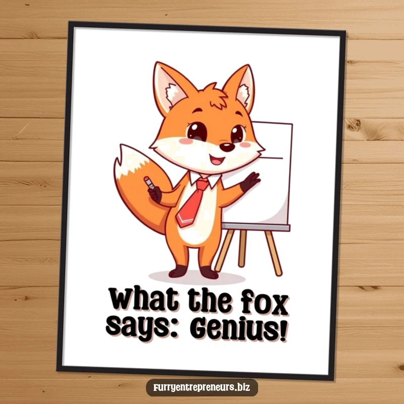 Funny Free Printable Wall Art: Fox in a tie enthusiastically points at a whiteboard, sharing brilliant ideas.
