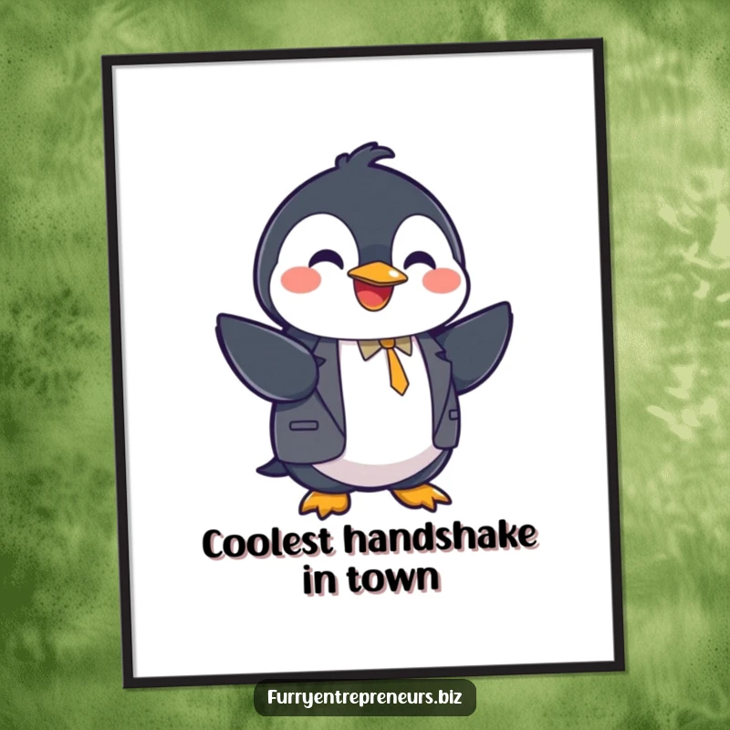 Funny Free Printable Wall Art of a joyful penguin in a suit, shaking hands with a friendly gesture.