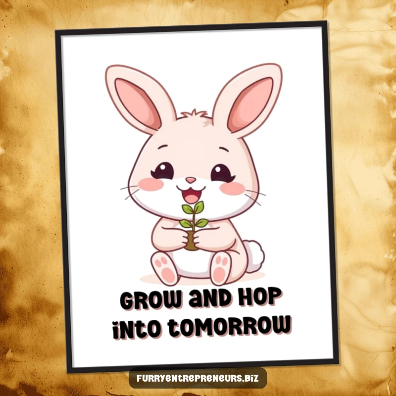 Funny Free Printable Wall Art of a smiling rabbit character holding a tiny plant seedling, symbolizing new life and gentle care.