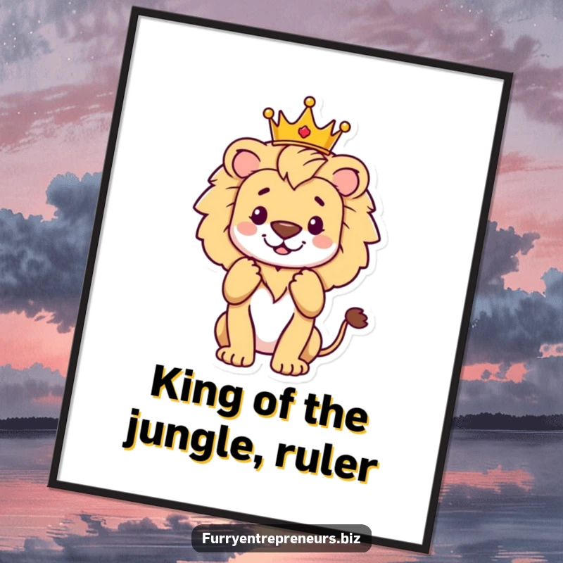 Funny Free Printable Wall Art: A proud lion dons a tiny crown, basking in the glory of applause.