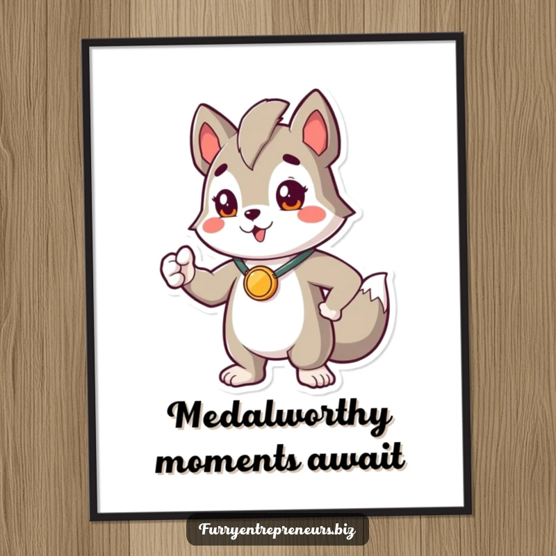 Funny Free Printable Wall Art: A proud animal character wearing a tiny medal, striking a heroic pose with determination and charm.