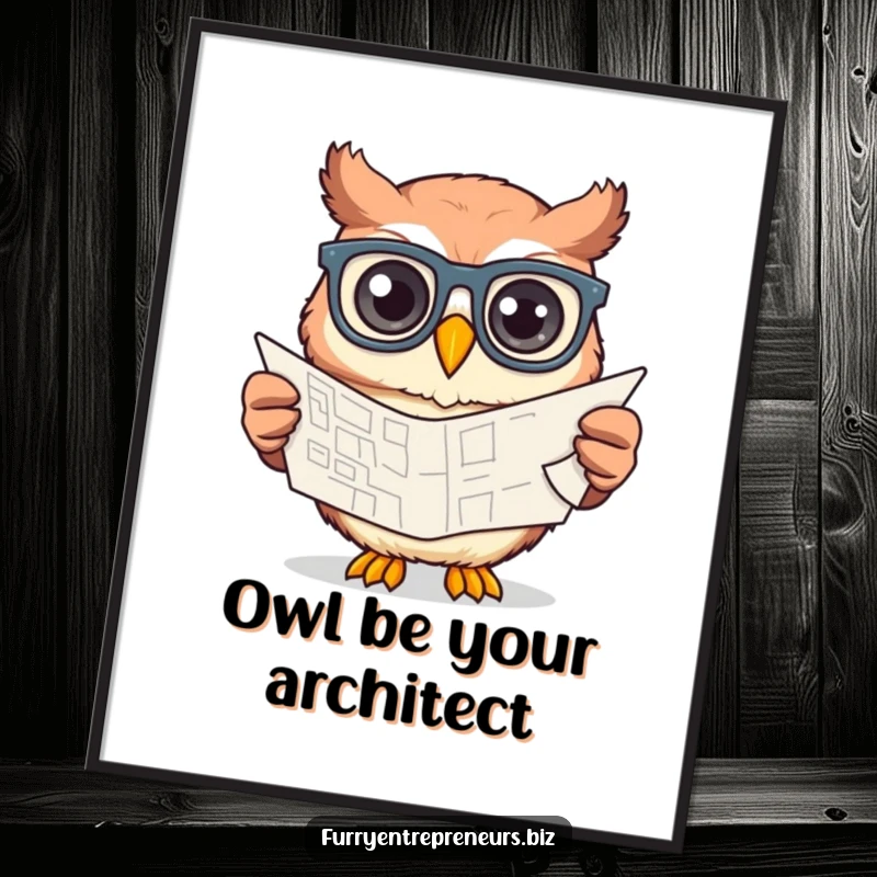 Funny free printable wall art: A creative owl wearing glasses intently designs a complex blueprint, exuding intelligence and focus.