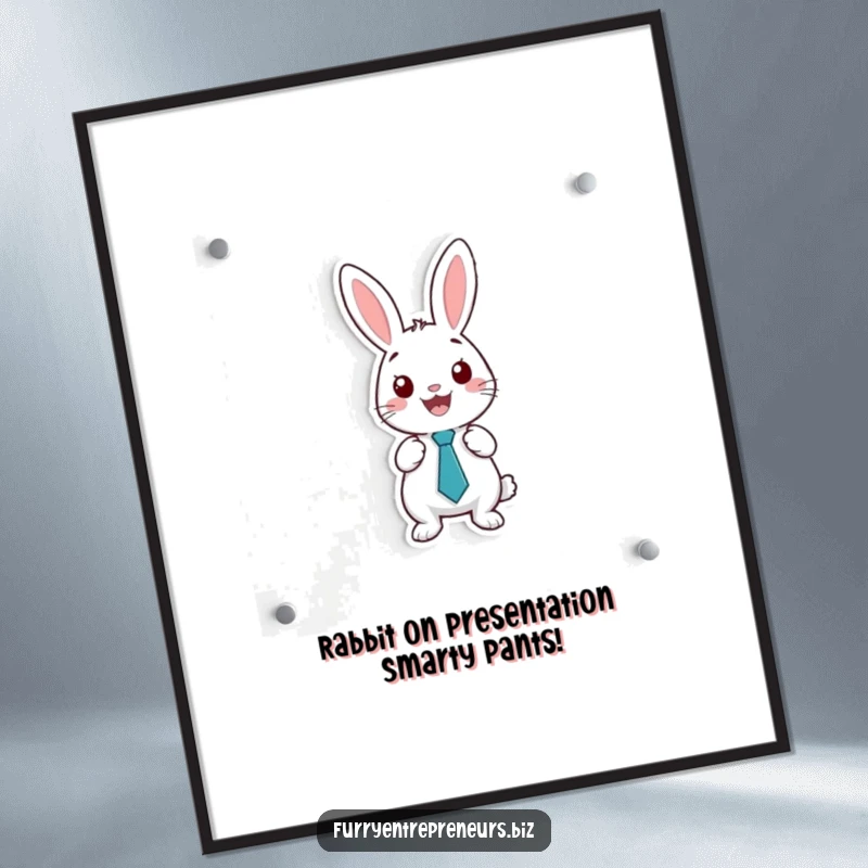 Funny Free Printable wall art, a rabbit in a tie presents graphs on a whiteboard, ideal for DIY office decor.