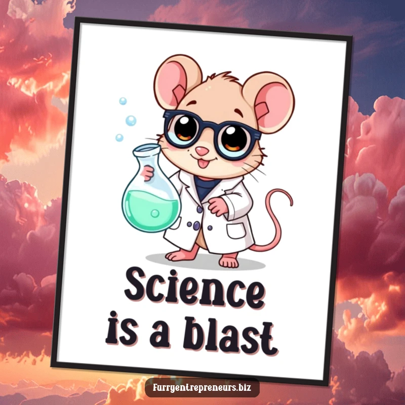 Funny Free Printable Wall Art: A mouse wearing a lab coat, holding a glowing bubbling beaker, intriguing and funny.