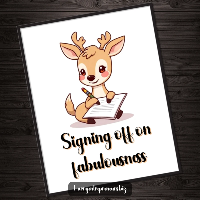 Funny Free Printable Wall Art: A deer character humorously signs an official document with its hoof, adding whimsy.