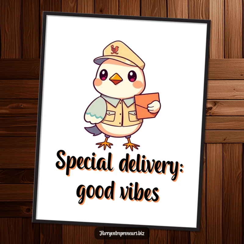 Funny Free Printable Bird Mailman Printable Wall Art, a charming bird in uniform mid-flight, delivering mail with a playful expression.