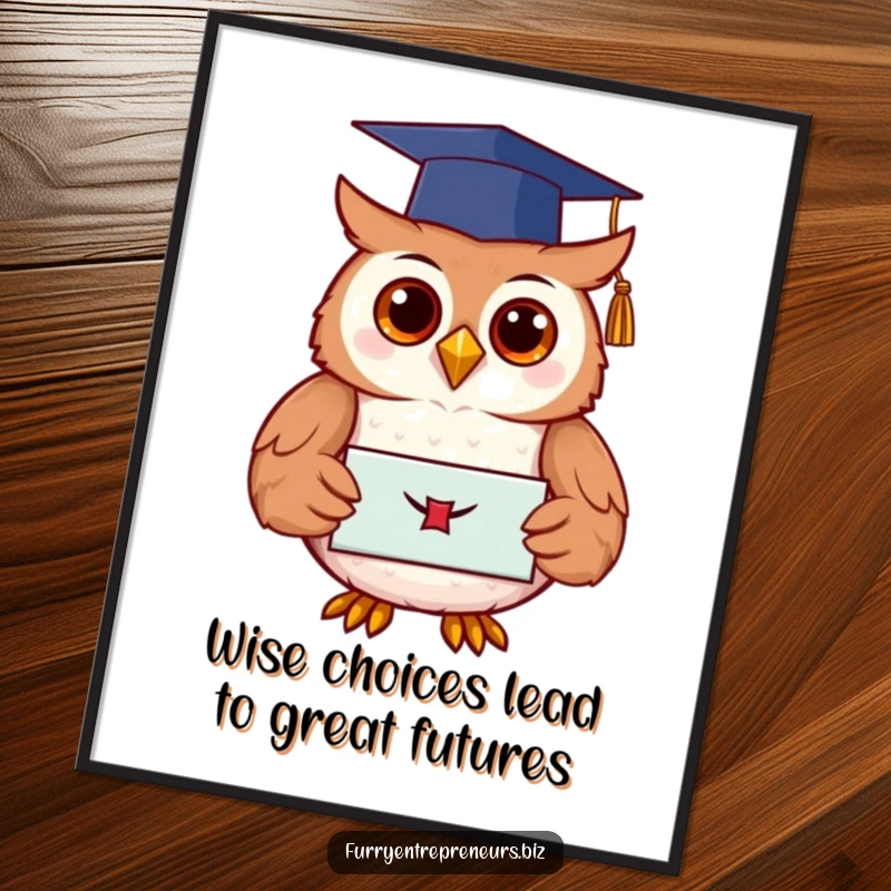 Funny free printable wall art of a wise owl in a graduation cap, holding a diploma, perfect for a study or library space.