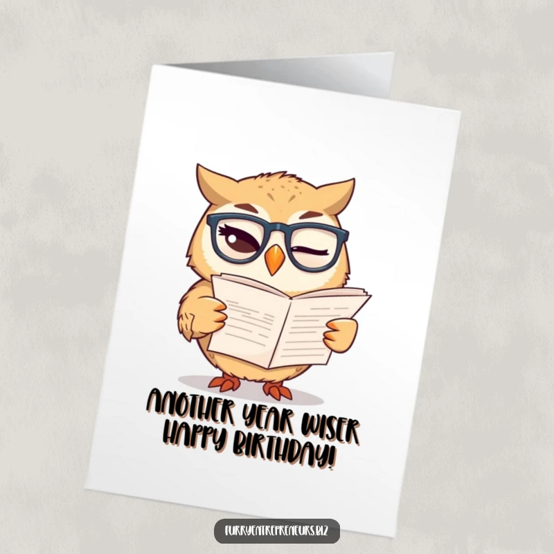 Funny Free Printable birthday card, a winking owl in glasses reads a financial report, celebrating with wisdom and humor.