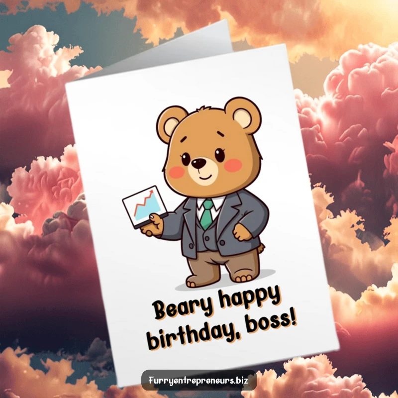 Funny Free Printable Birthday Card: Bear in a tiny suit presents a graph, celebrating your success.