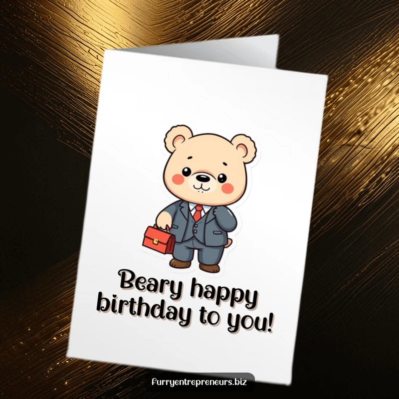 Funny free printable birthday card of a cute bear in a tiny suit, shaking a briefcase, perfect for a professional-themed gift.