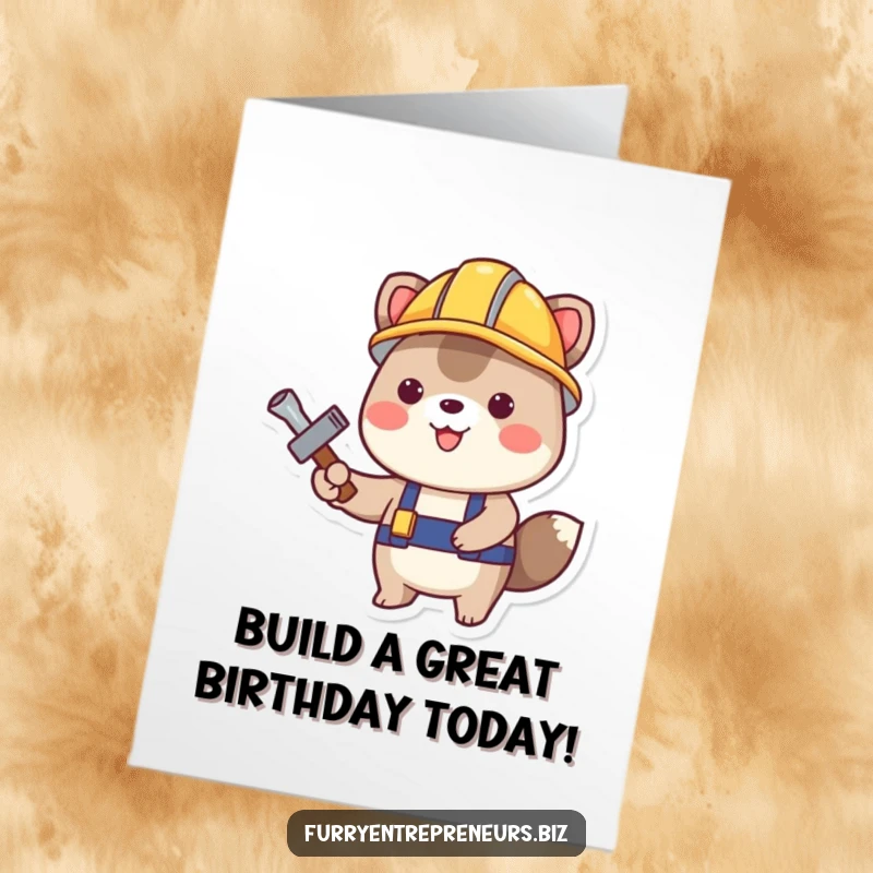 Funny Free Printable Birthday Card: A happy animal in a construction helmet holds a tool, a humorous birthday greeting.