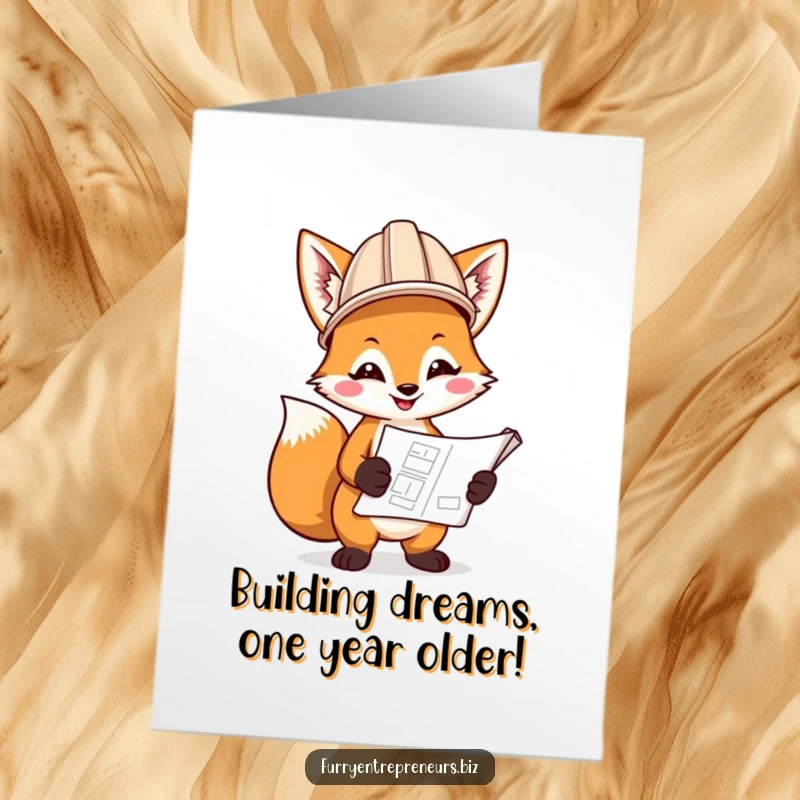 Funny Free Printable birthday card featuring a smiling fox in a hard hat, holding a blueprint, ready to build fun.