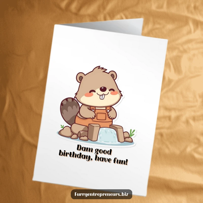 Funny Free Printable Birthday Card shows an energetic beaver in overalls building a tiny dam with enthusiasm.
