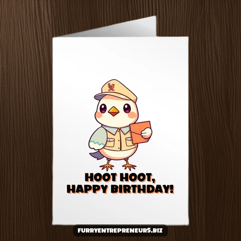 Funny Free Printable Bird Mailman Birthday Card, a cheerful avian postal worker with a tiny uniform delivering a letter with a smile.