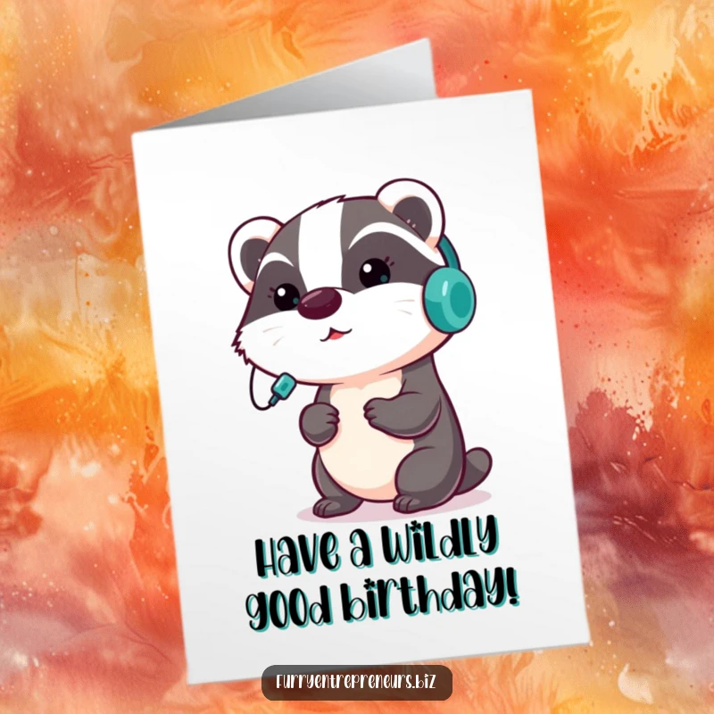 Funny Free Printable Birthday Card: A badger wearing a tiny headset, looking focused while pointing at a chart during a presentation.