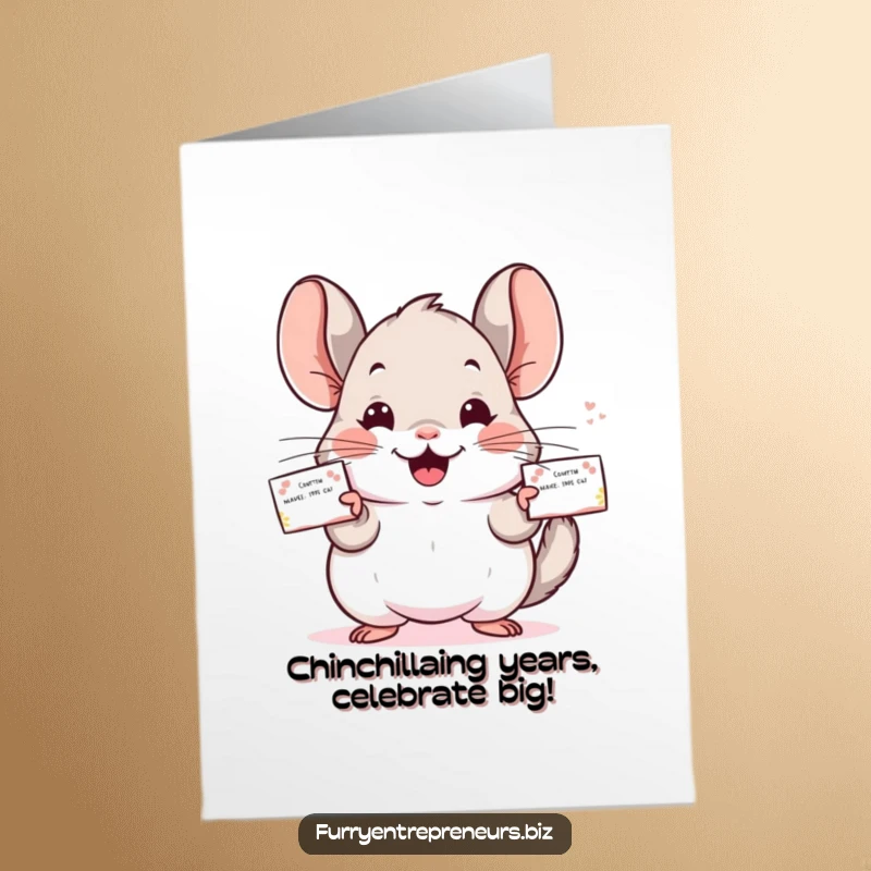 Funny Free Printable Birthday Card featuring a cheerful chinchilla handing out business cards with a sly grin.