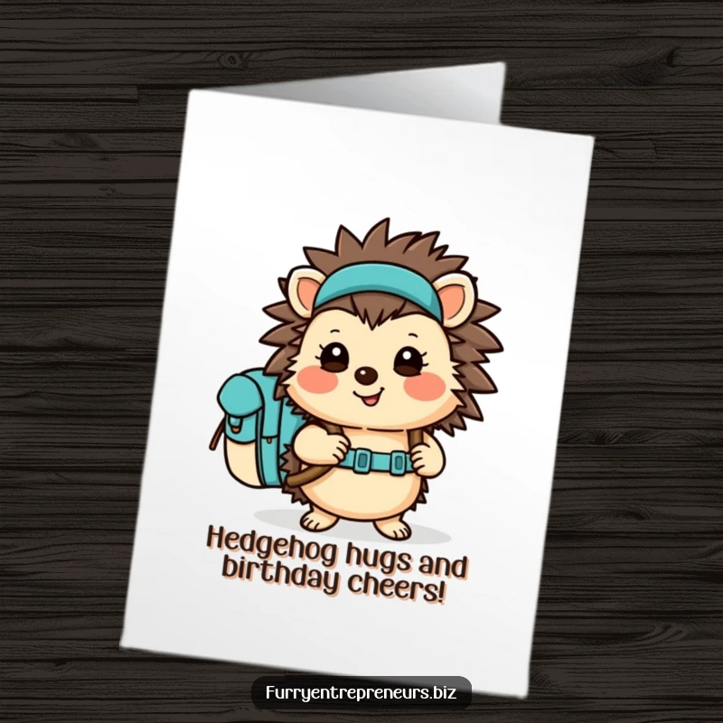 Funny free printable birthday card: a smiling hedgehog with a backpack, ready for adventure and happy birthday wishes.