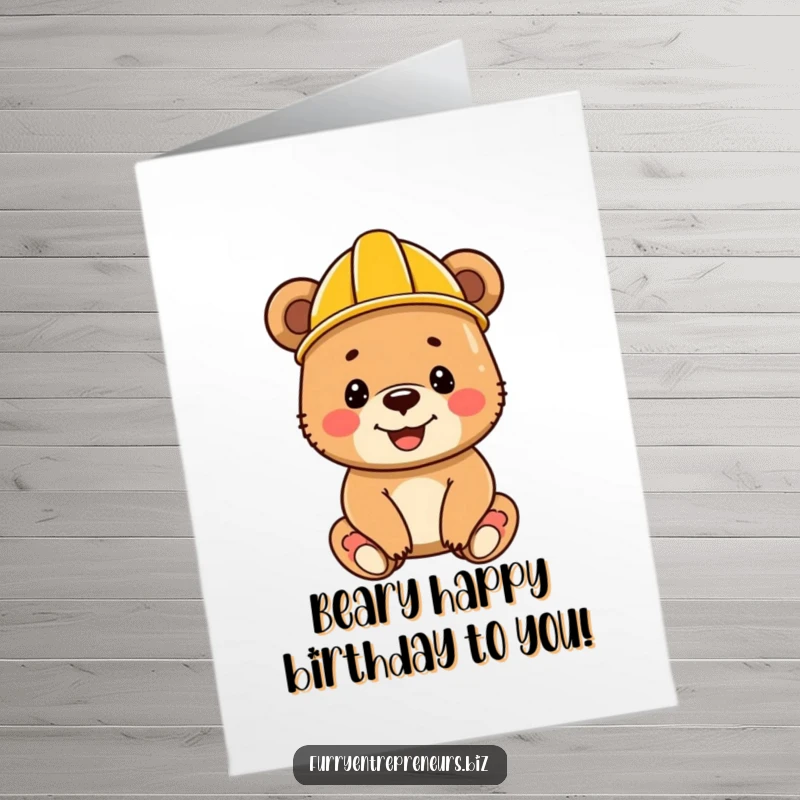 Funny free printable birthday card: A happy bear cub wearing a tiny construction helmet excitedly holds a hammer, ready for fun.