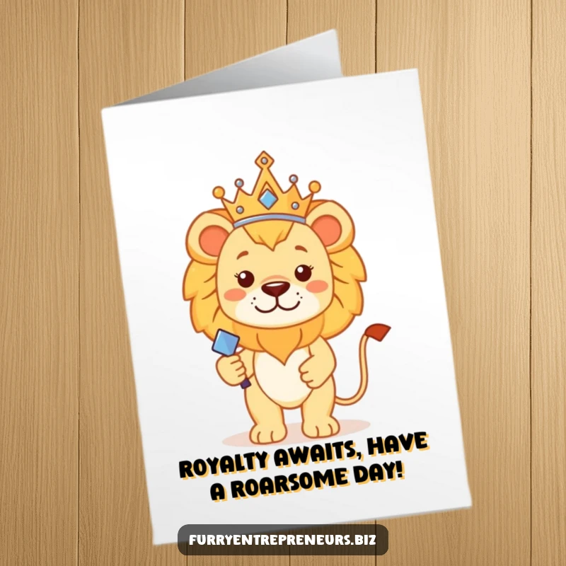 Funny Free Printable Birthday Card: Proud lion king with tiny crown and scepter, ready to celebrate.